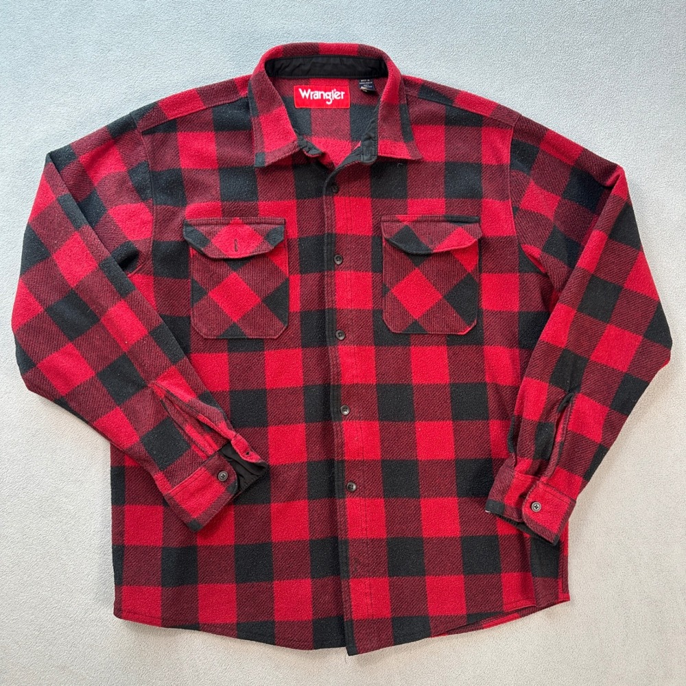 Wrangler Buffalo Plaid Flannel Shirt Jacket L Mens Red Long Sleeve Button Up